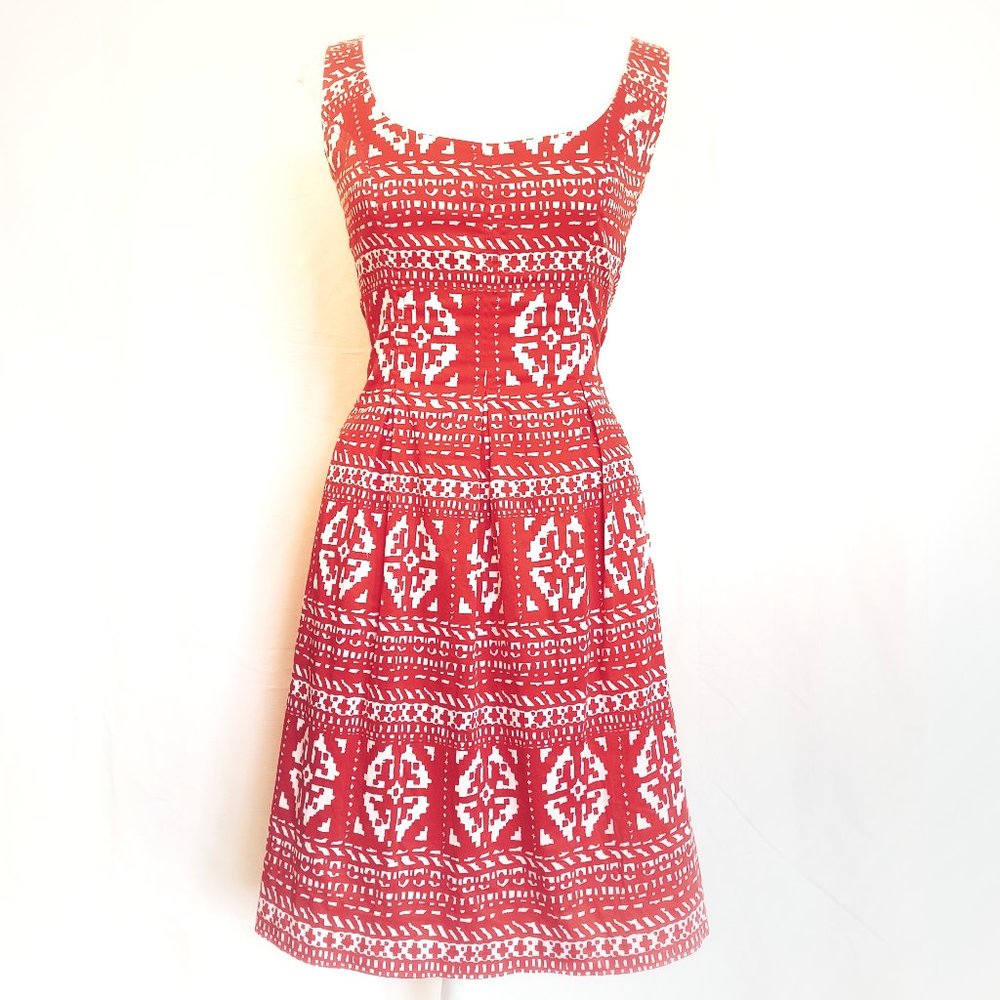 NINE WEST Tribal Print Cotton/Spandex Orange Pleat Skirt Summer Dress 8